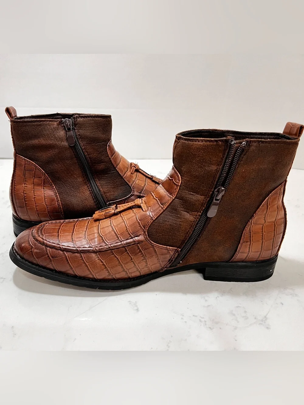 Men's Brown Croc-Embossed Tassel Chelsea Boots